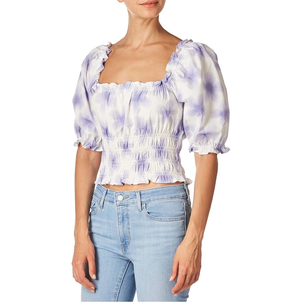 Levi's Large Tilly Printed Smocked Puff Sleeve Ruffle Trim Peasant Top